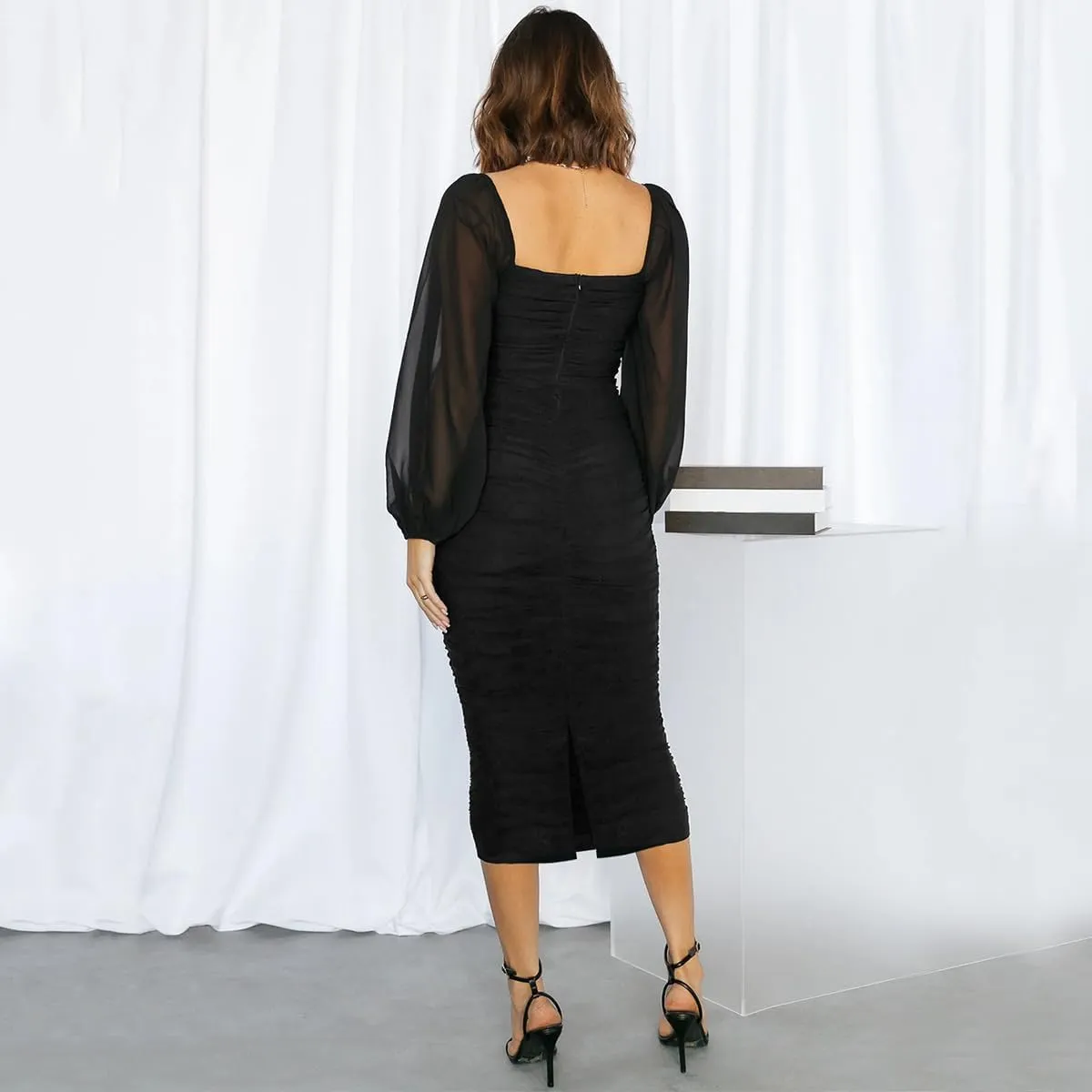 ODIZLI Women's Ruched Bodycon Dress Long Puff Sleeve Square Neck Mesh Cocktail Party Midi Dresses