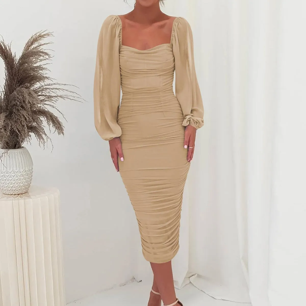 ODIZLI Women's Ruched Bodycon Dress Long Puff Sleeve Square Neck Mesh Cocktail Party Midi Dresses
