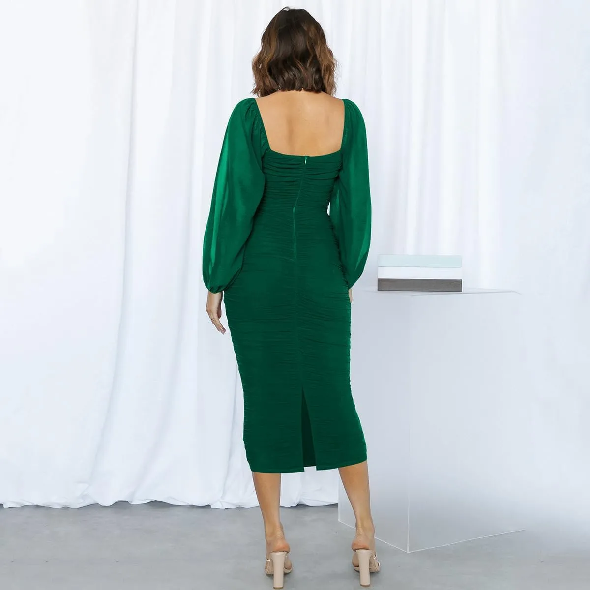 ODIZLI Women's Ruched Bodycon Dress Long Puff Sleeve Square Neck Mesh Cocktail Party Midi Dresses