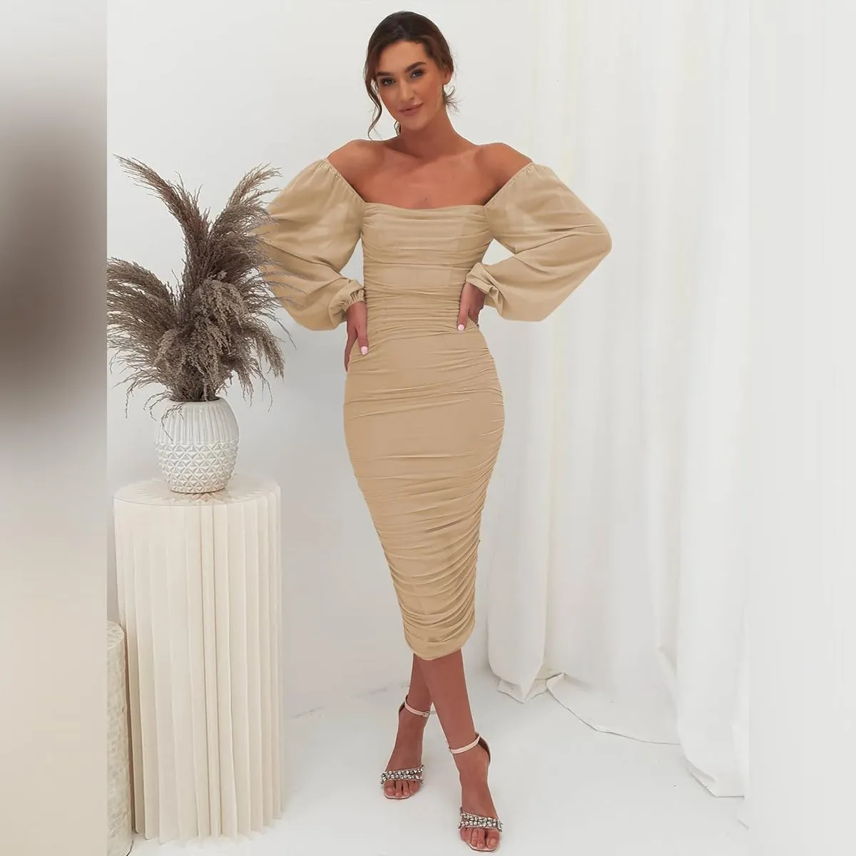 ODIZLI Women's Ruched Bodycon Dress Long Puff Sleeve Square Neck Mesh Cocktail Party Midi Dresses