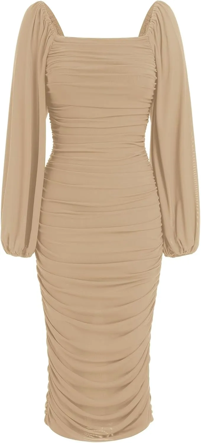 ODIZLI Women's Ruched Bodycon Dress Long Puff Sleeve Square Neck Mesh Cocktail Party Midi Dresses