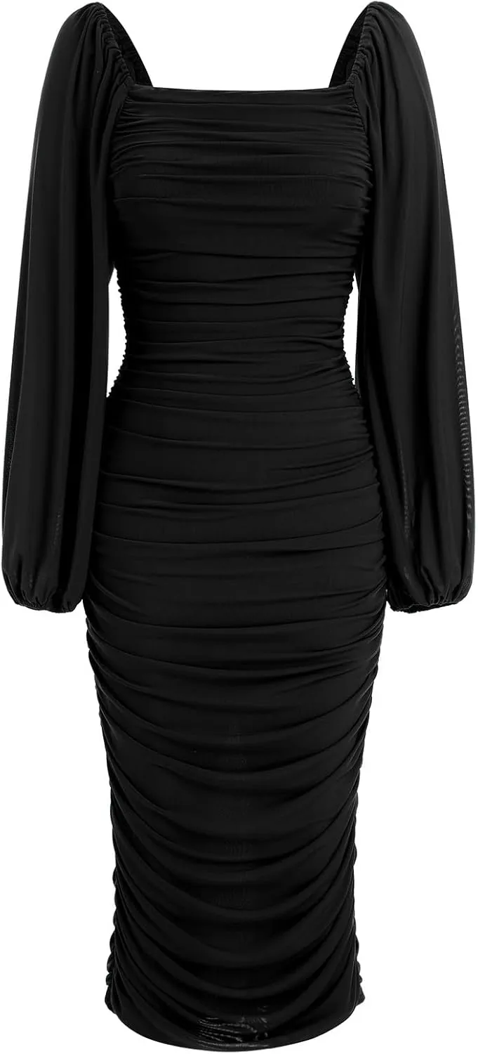 ODIZLI Women's Ruched Bodycon Dress Long Puff Sleeve Square Neck Mesh Cocktail Party Midi Dresses