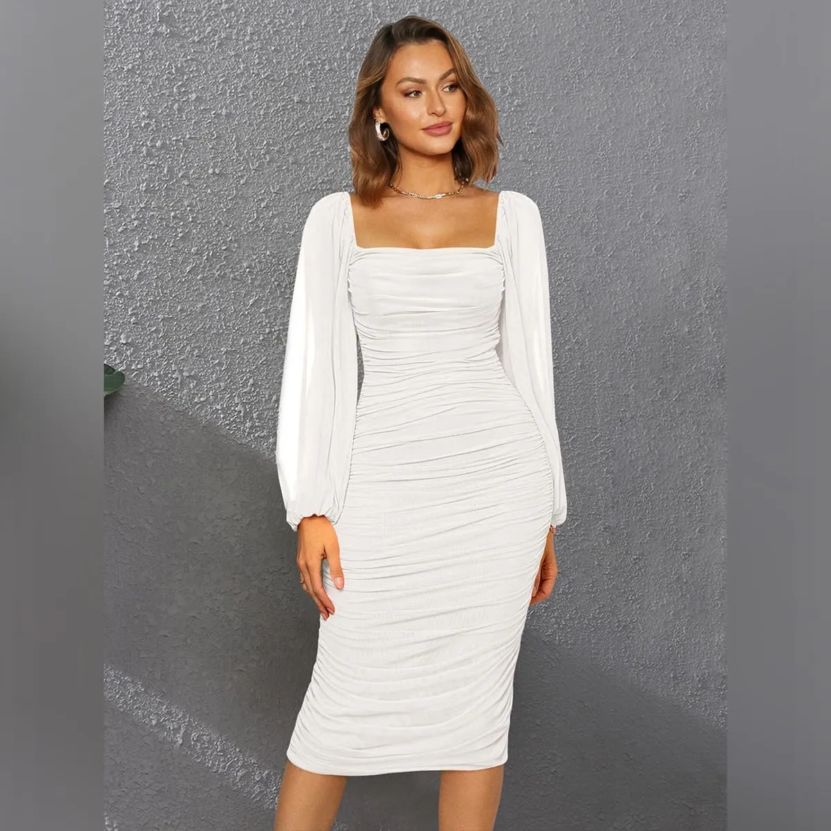 ODIZLI Women's Ruched Bodycon Dress Long Puff Sleeve Square Neck Mesh Cocktail Party Midi Dresses