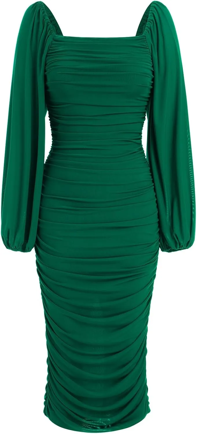 ODIZLI Women's Ruched Bodycon Dress Long Puff Sleeve Square Neck Mesh Cocktail Party Midi Dresses