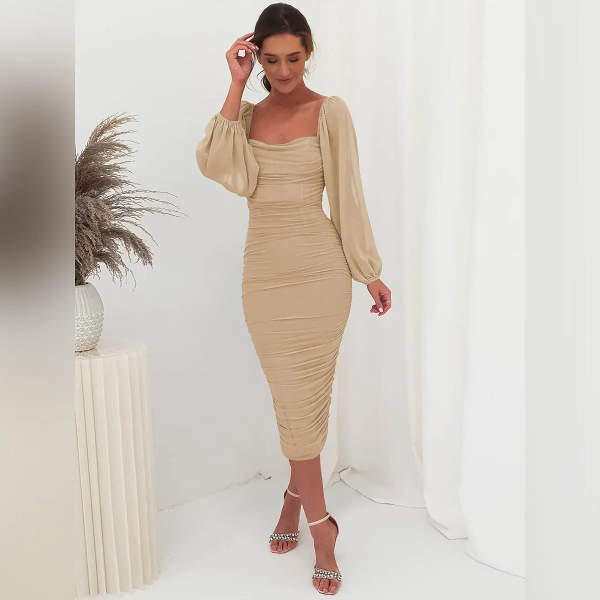 ODIZLI Women's Ruched Bodycon Dress Long Puff Sleeve Square Neck Mesh Cocktail Party Midi Dresses