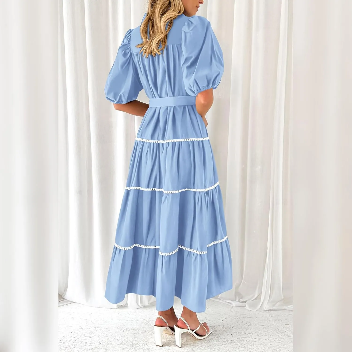 ODIZLI Women's Spring Summer Short Puff Sleeve Button Down Shirt Dress with Belt Flowy Tiered Maxi Dress