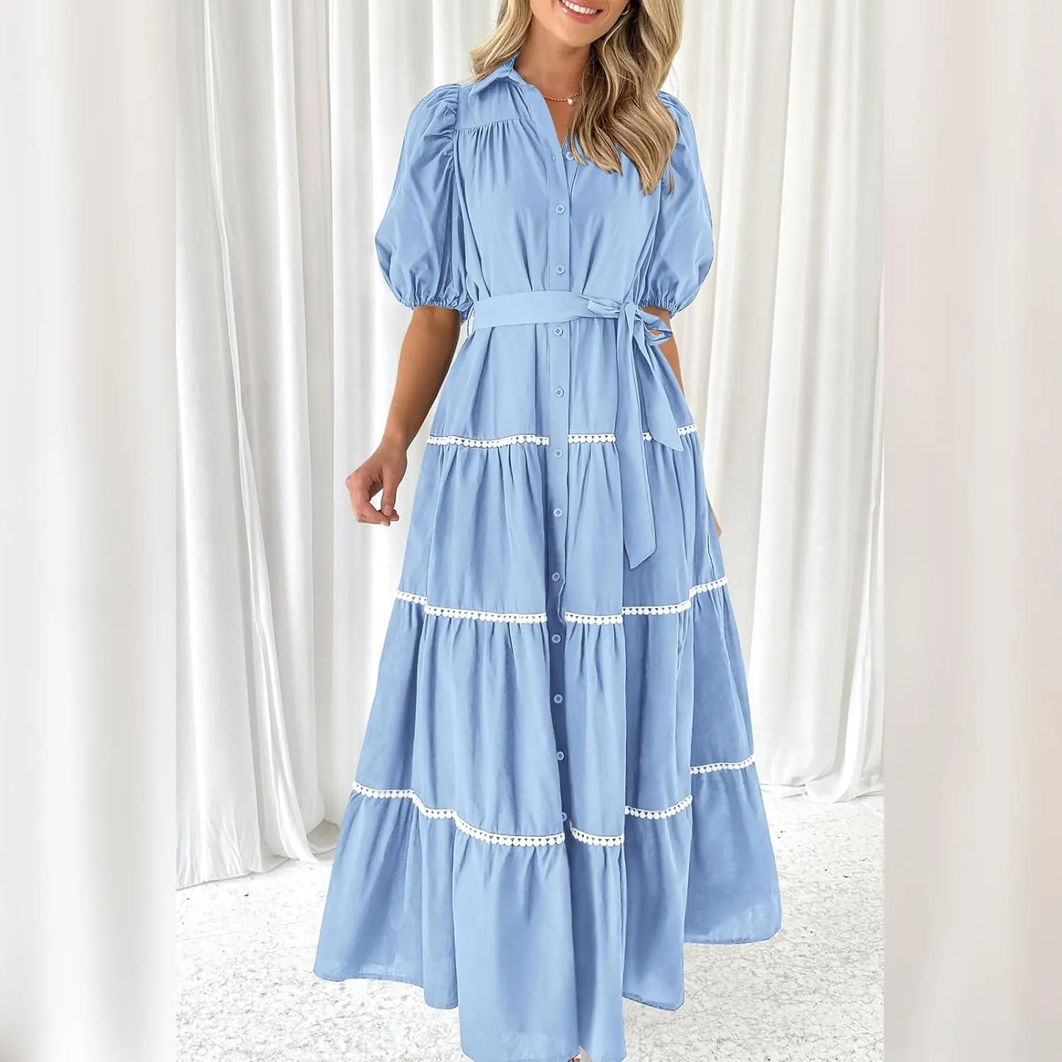 ODIZLI Women's Spring Summer Short Puff Sleeve Button Down Shirt Dress with Belt Flowy Tiered Maxi Dress