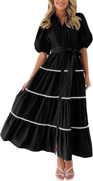 ODIZLI Women's Spring Summer Short Puff Sleeve Button Down Shirt Dress with Belt Flowy Tiered Maxi Dress