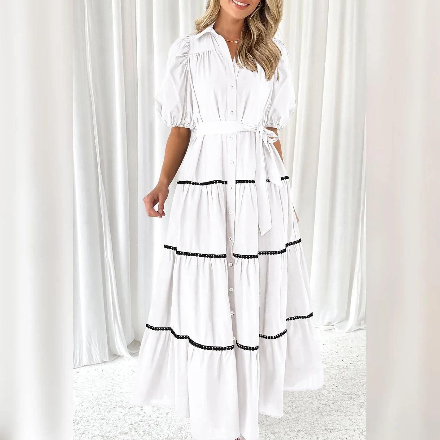 ODIZLI Women's Spring Summer Short Puff Sleeve Button Down Shirt Dress with Belt Flowy Tiered Maxi Dress