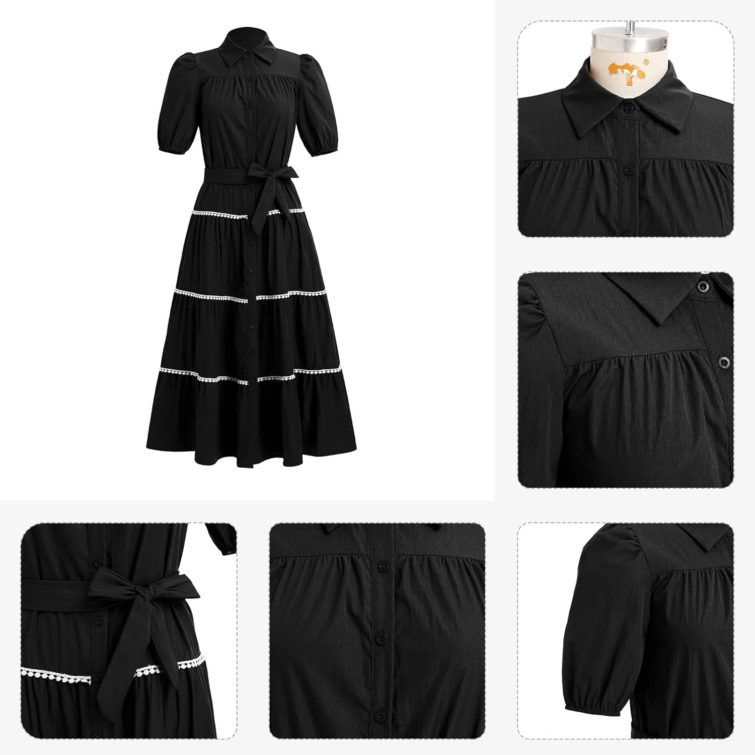 ODIZLI Women's Spring Summer Short Puff Sleeve Button Down Shirt Dress with Belt Flowy Tiered Maxi Dress