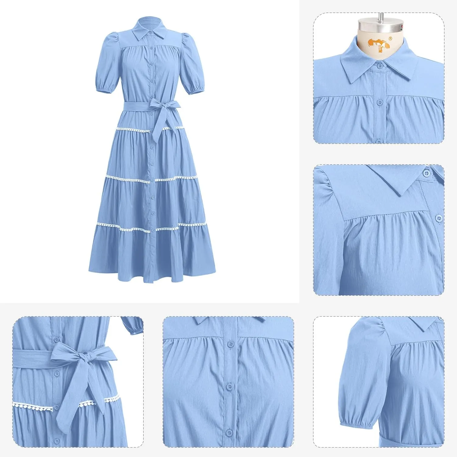 ODIZLI Women's Spring Summer Short Puff Sleeve Button Down Shirt Dress with Belt Flowy Tiered Maxi Dress