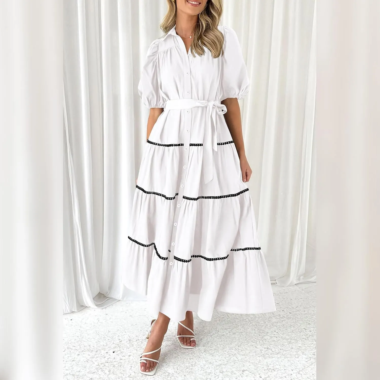 ODIZLI Women's Spring Summer Short Puff Sleeve Button Down Shirt Dress with Belt Flowy Tiered Maxi Dress