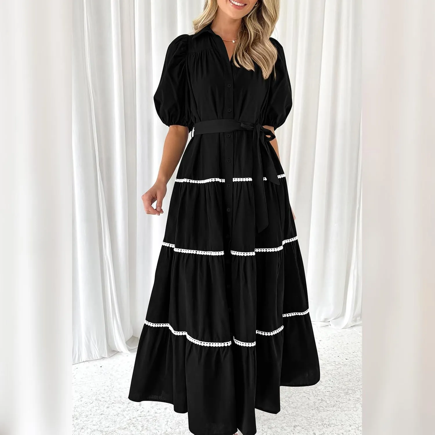 ODIZLI Women's Spring Summer Short Puff Sleeve Button Down Shirt Dress with Belt Flowy Tiered Maxi Dress