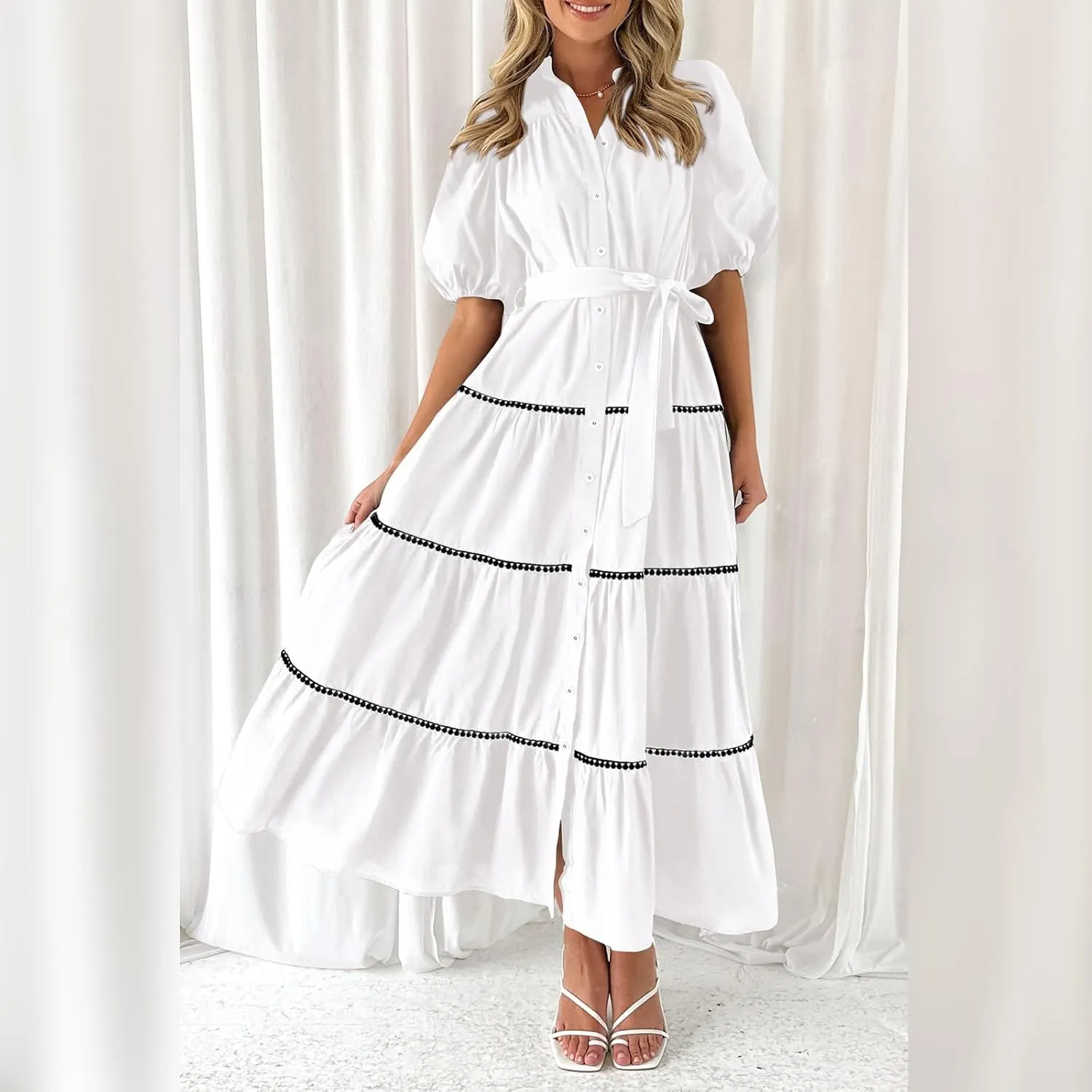 ODIZLI Women's Spring Summer Short Puff Sleeve Button Down Shirt Dress with Belt Flowy Tiered Maxi Dress