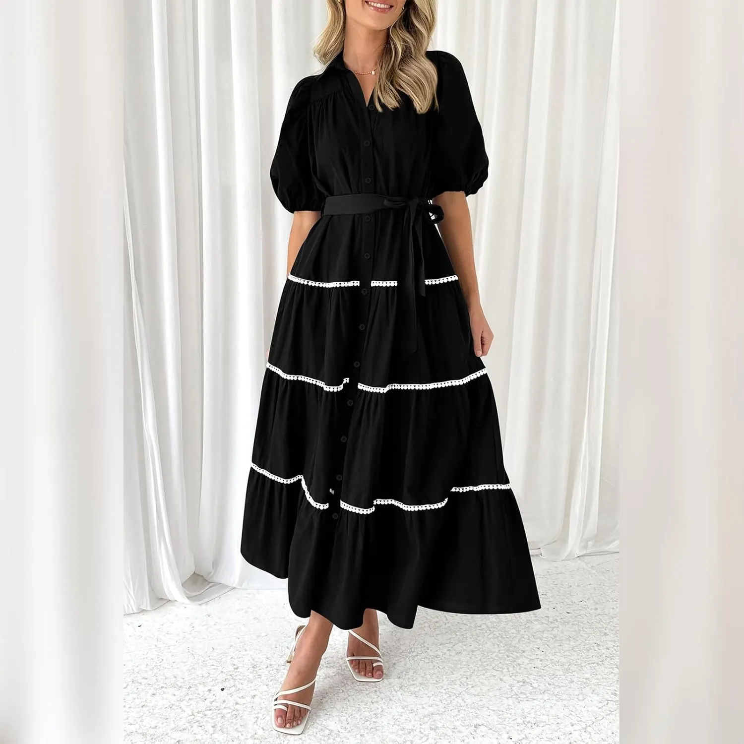 ODIZLI Women's Spring Summer Short Puff Sleeve Button Down Shirt Dress with Belt Flowy Tiered Maxi Dress