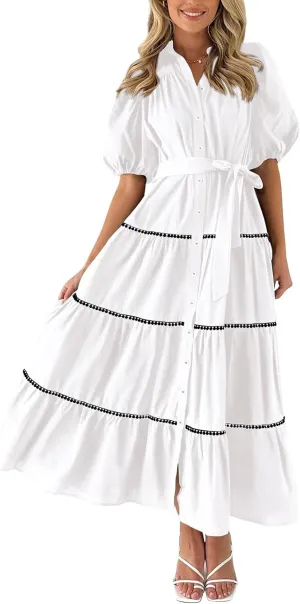ODIZLI Women's Spring Summer Short Puff Sleeve Button Down Shirt Dress with Belt Flowy Tiered Maxi Dress