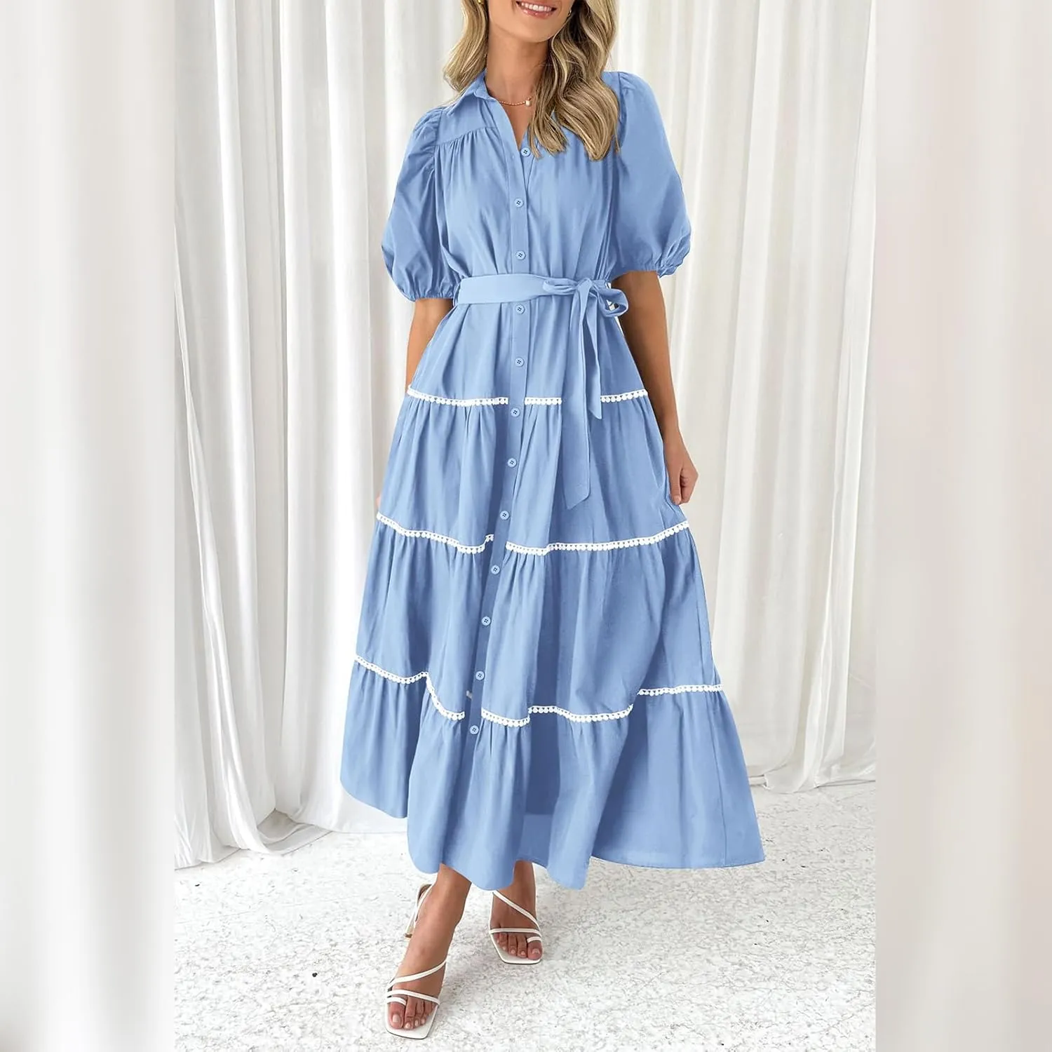 ODIZLI Women's Spring Summer Short Puff Sleeve Button Down Shirt Dress with Belt Flowy Tiered Maxi Dress