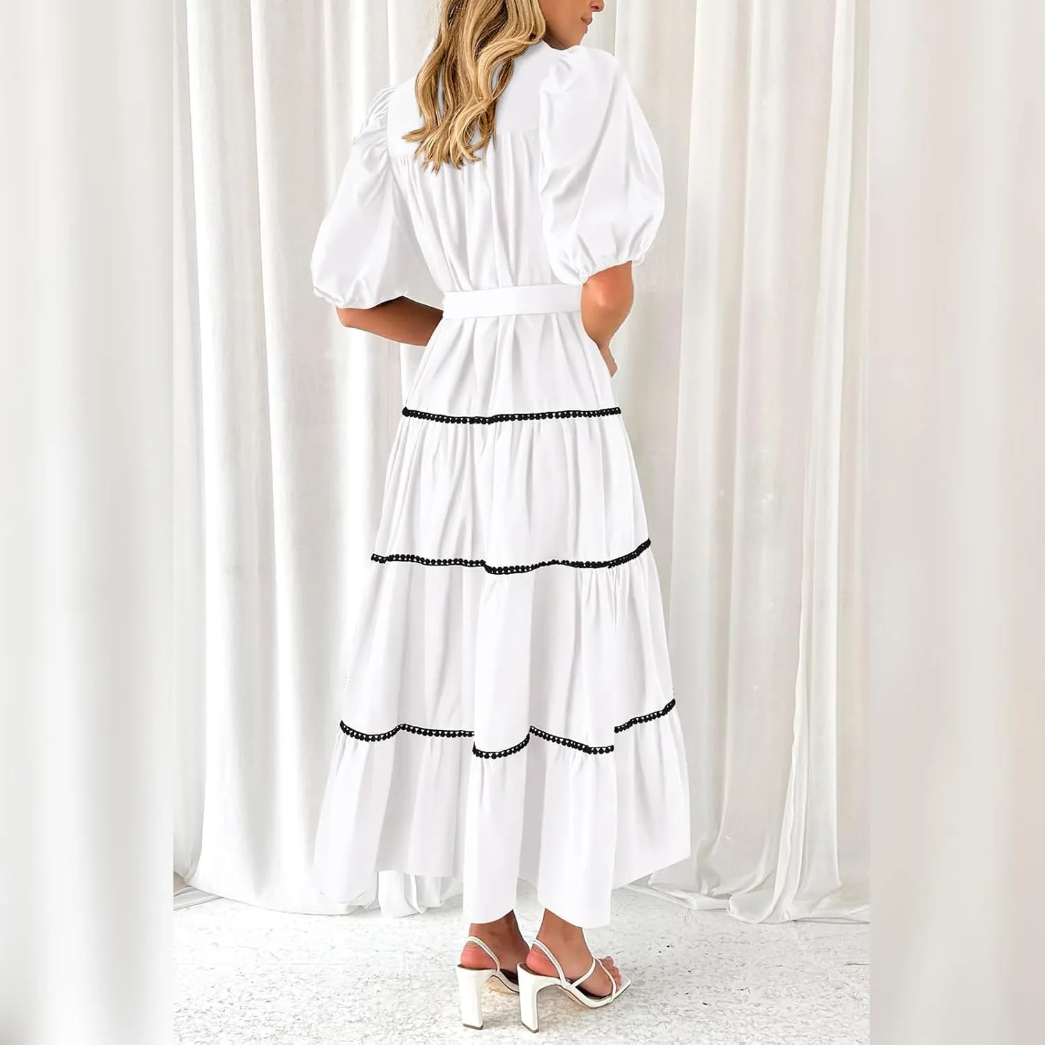 ODIZLI Women's Spring Summer Short Puff Sleeve Button Down Shirt Dress with Belt Flowy Tiered Maxi Dress