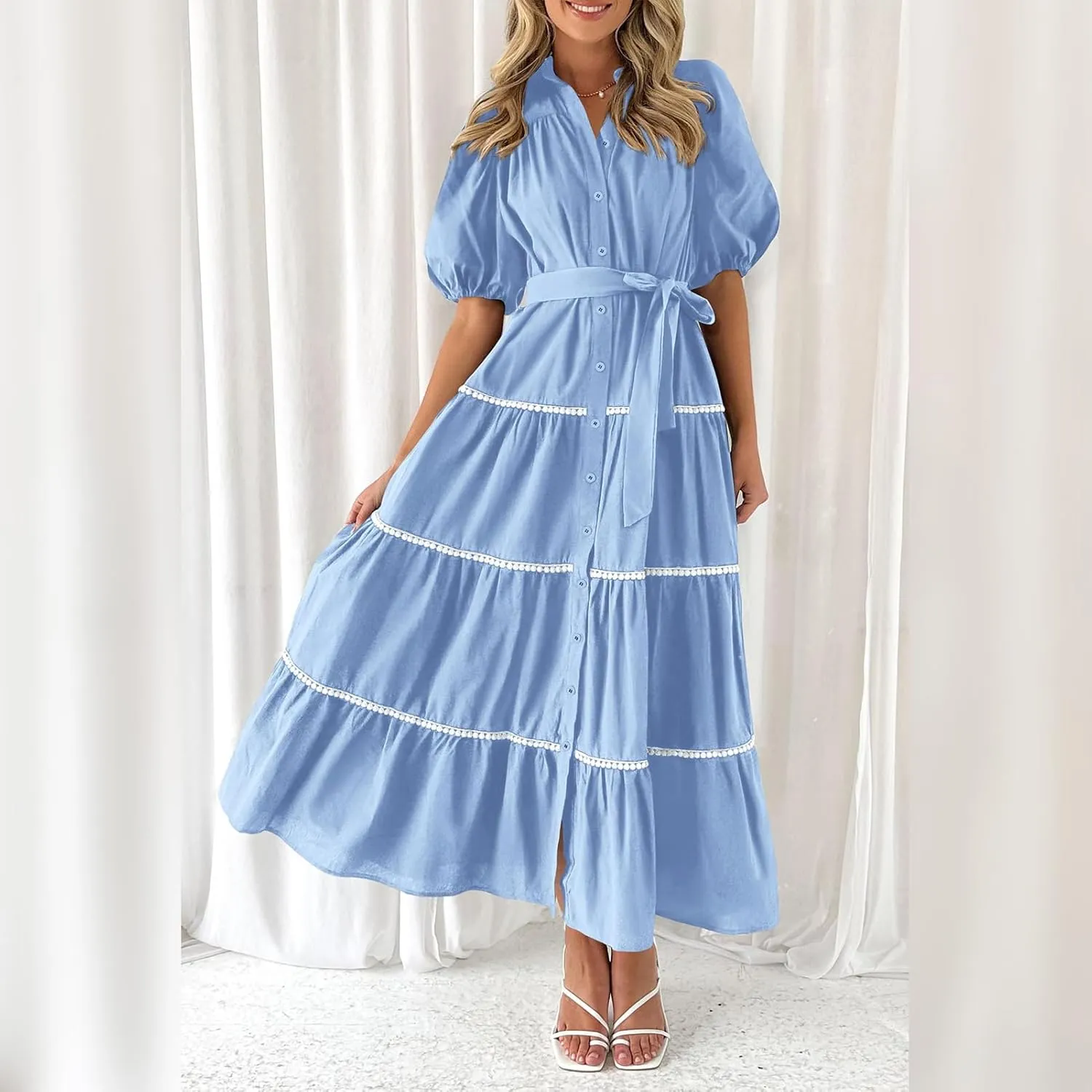 ODIZLI Women's Spring Summer Short Puff Sleeve Button Down Shirt Dress with Belt Flowy Tiered Maxi Dress