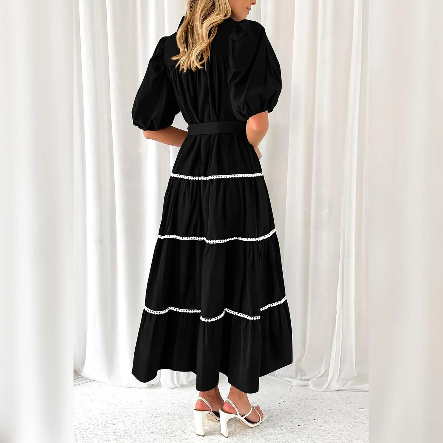 ODIZLI Women's Spring Summer Short Puff Sleeve Button Down Shirt Dress with Belt Flowy Tiered Maxi Dress