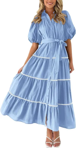 ODIZLI Women's Spring Summer Short Puff Sleeve Button Down Shirt Dress with Belt Flowy Tiered Maxi Dress