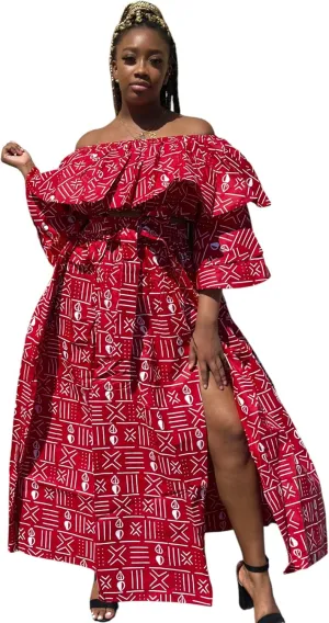 Off-Shoulder African Print Top and Skirt Red and White Geometric Pattern, Ruffled Tiered Design with Side Slit