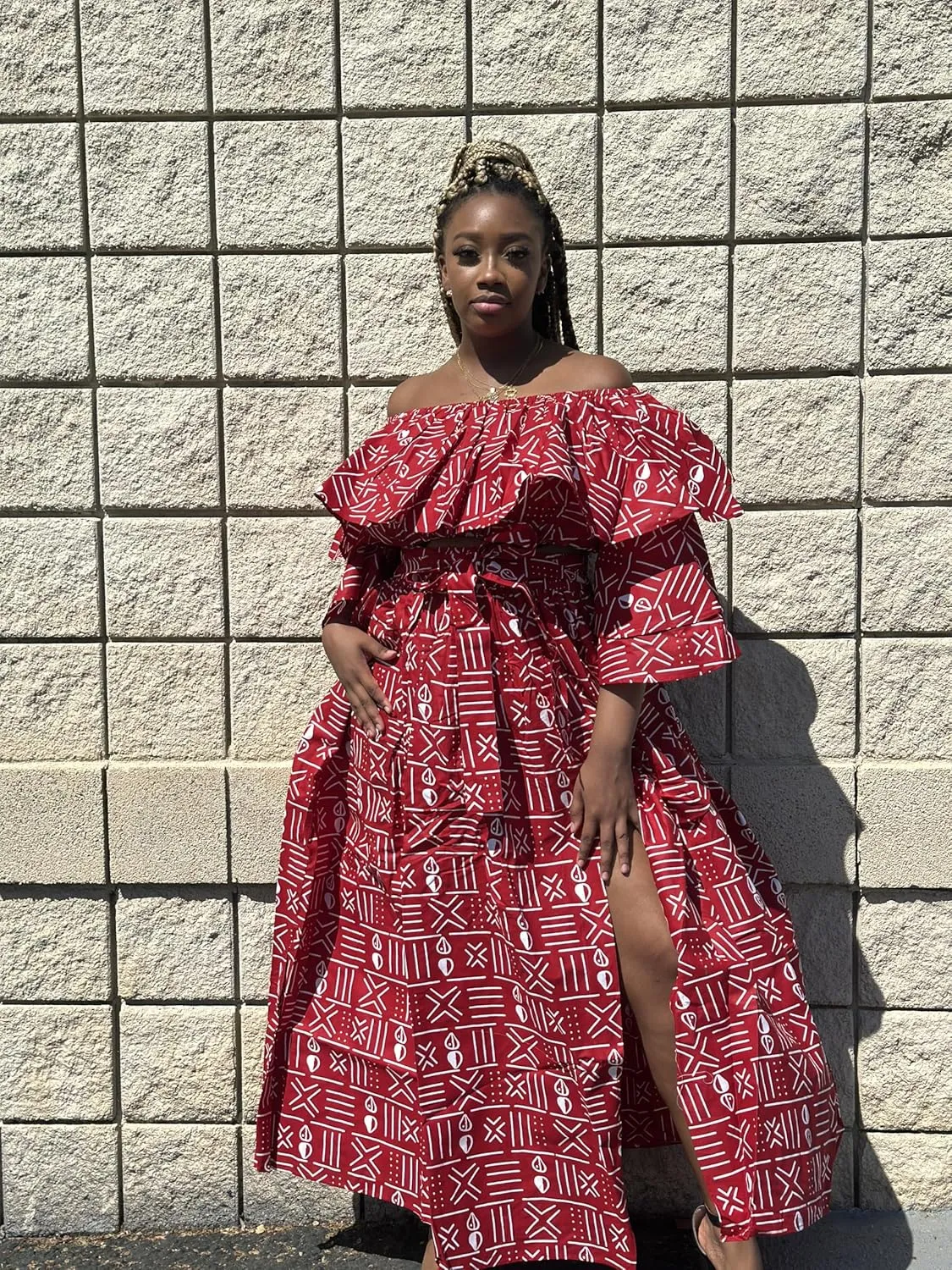 Off-Shoulder African Print Top and Skirt Red and White Geometric Pattern, Ruffled Tiered Design with Side Slit