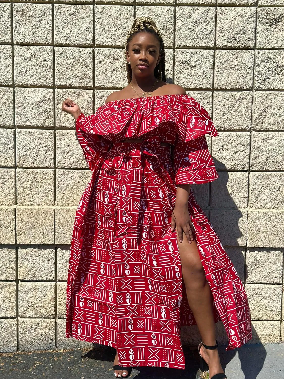 Off-Shoulder African Print Top and Skirt Red and White Geometric Pattern, Ruffled Tiered Design with Side Slit