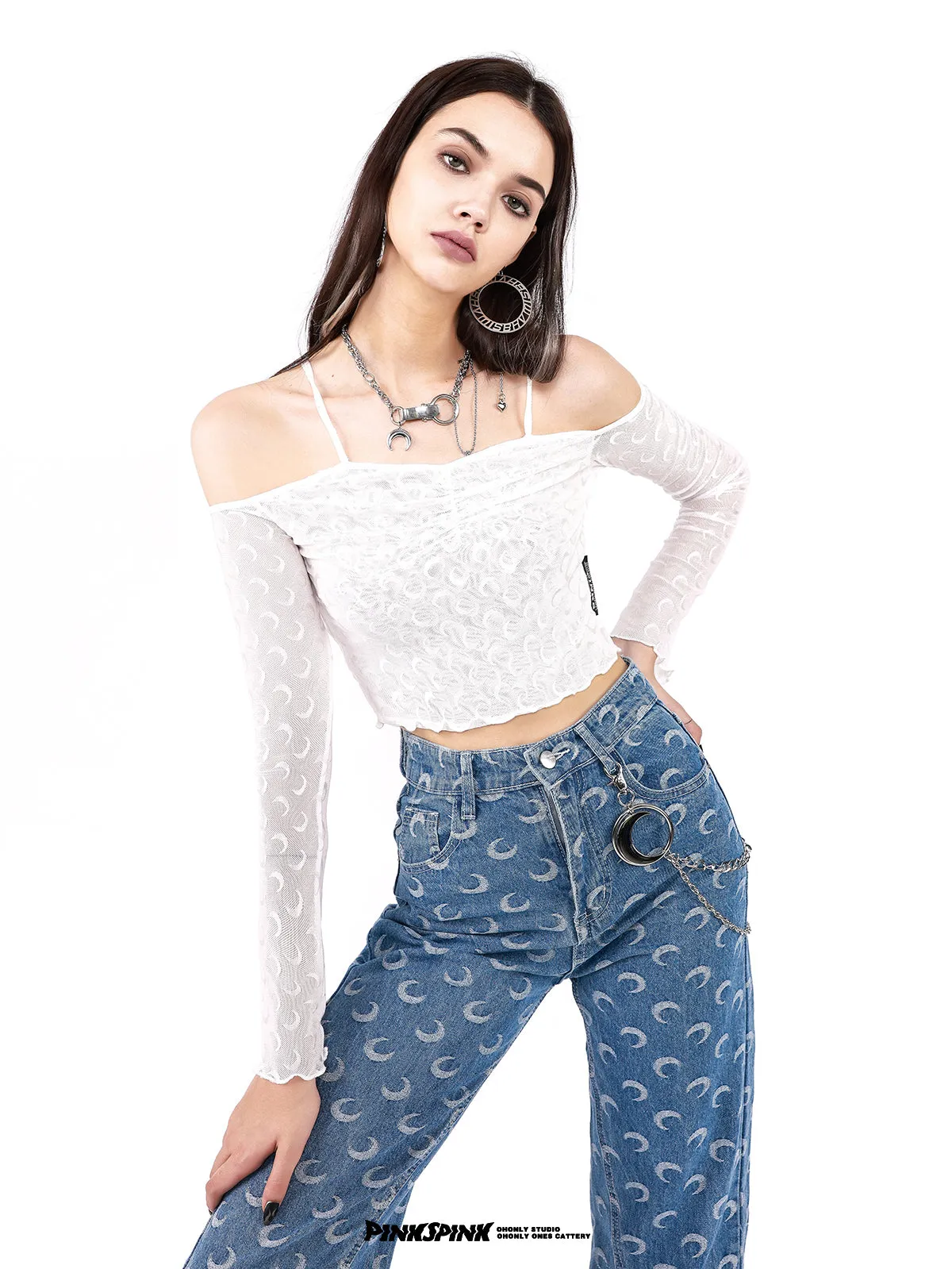 Off-shoulder Cropped Sheer Tight Tops