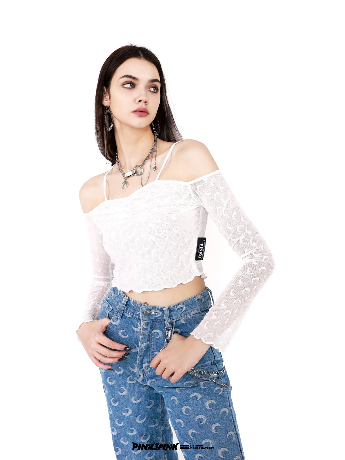 Off-shoulder Cropped Sheer Tight Tops