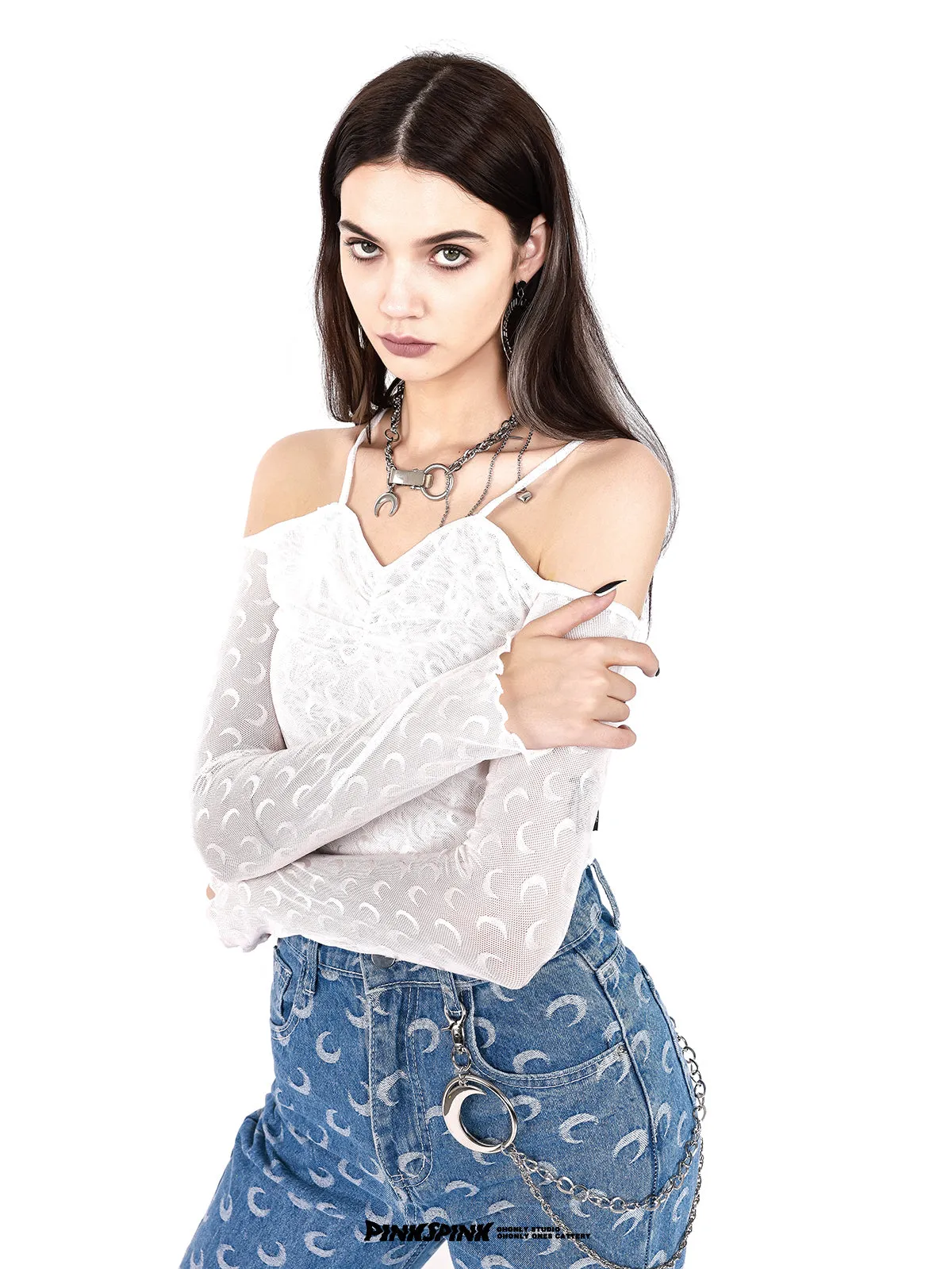Off-shoulder Cropped Sheer Tight Tops