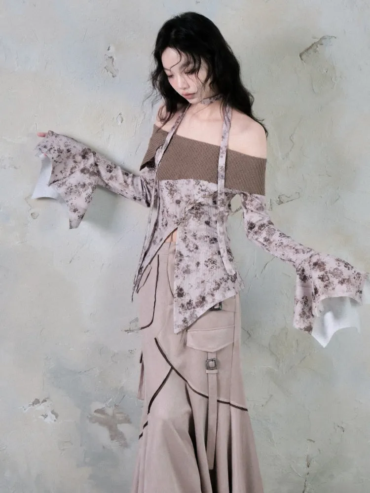 Off Shoulder Cross Strap Slit Printed Tops【s0000004406】