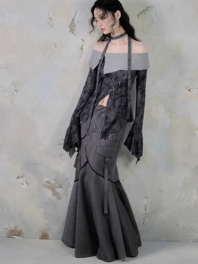 Off Shoulder Cross Strap Slit Printed Tops【s0000004406】