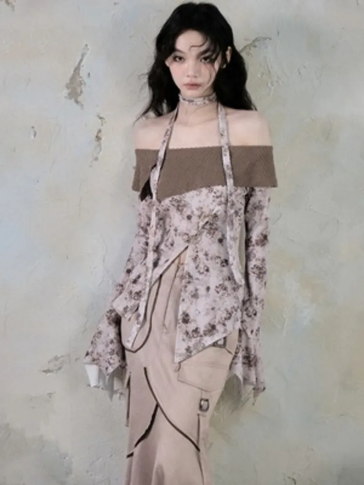 Off Shoulder Cross Strap Slit Printed Tops【s0000004406】