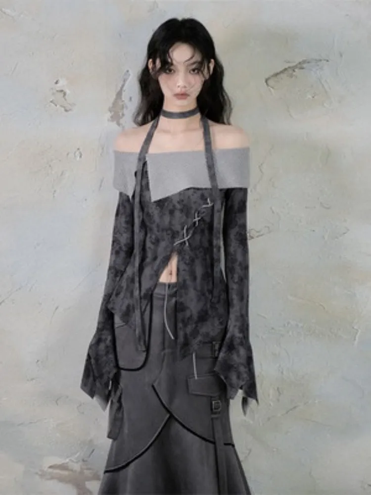 Off Shoulder Cross Strap Slit Printed Tops【s0000004406】