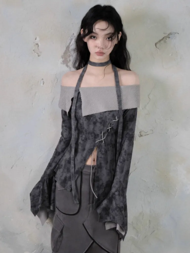 Off Shoulder Cross Strap Slit Printed Tops【s0000004406】