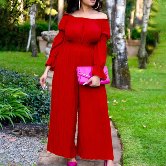 Off-shoulder Elastic Waist Pleated Wide-leg Pants Jumpsuit