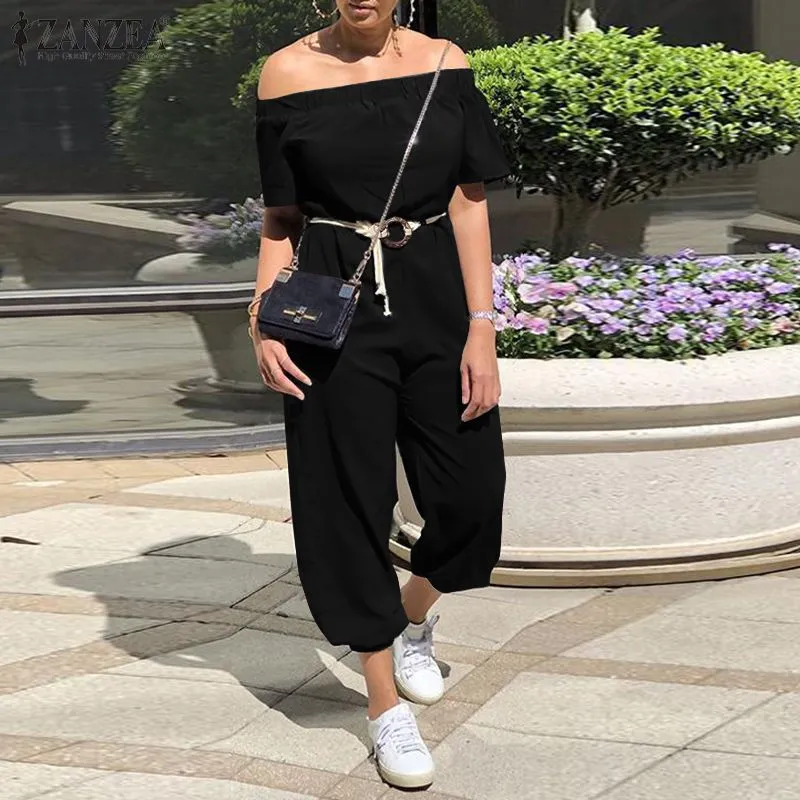 Off Shoulder High Waist Belted Jumpsuit