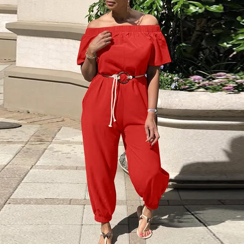 Off Shoulder High Waist Belted Jumpsuit