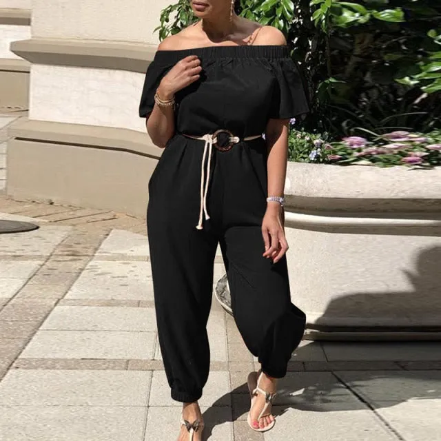 Off Shoulder High Waist Belted Jumpsuit