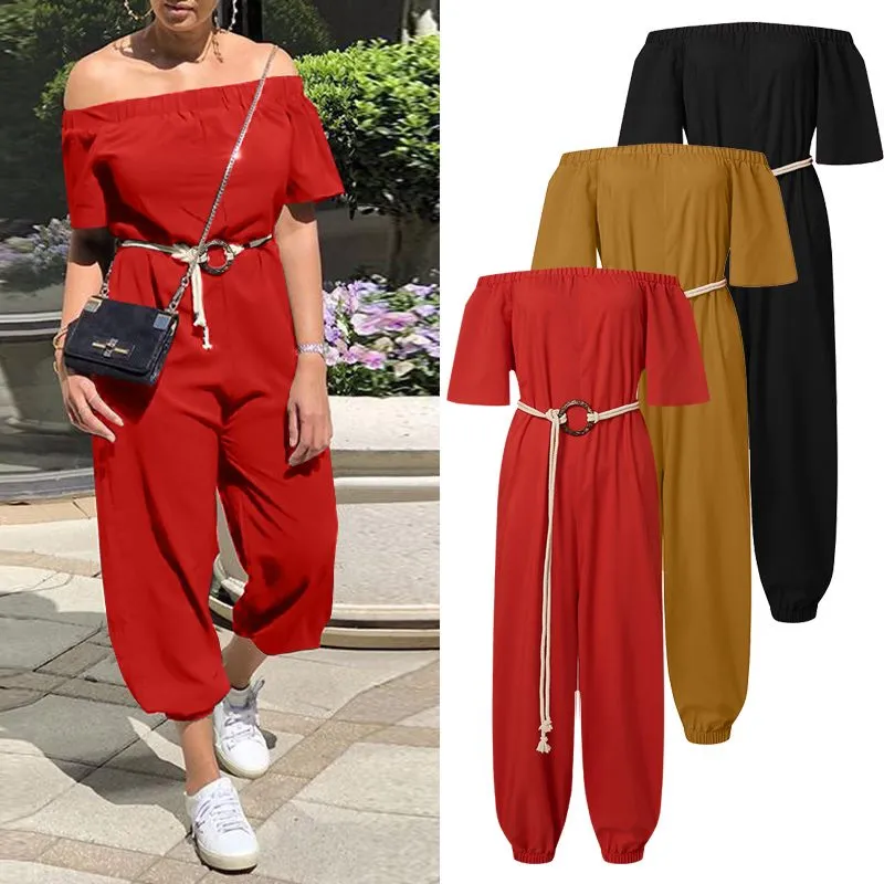 Off Shoulder High Waist Belted Jumpsuit