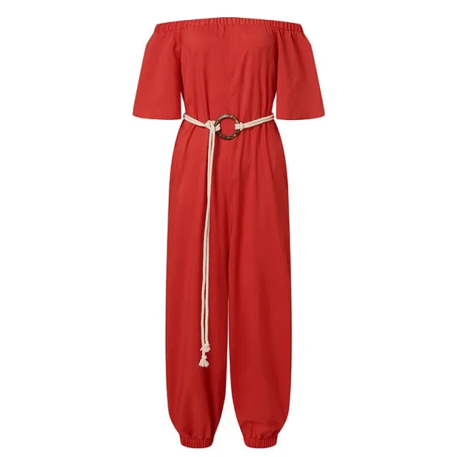 Off Shoulder High Waist Belted Jumpsuit