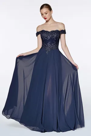 Off-shoulder lace-bodice gown with chiffon skirt & leg slit