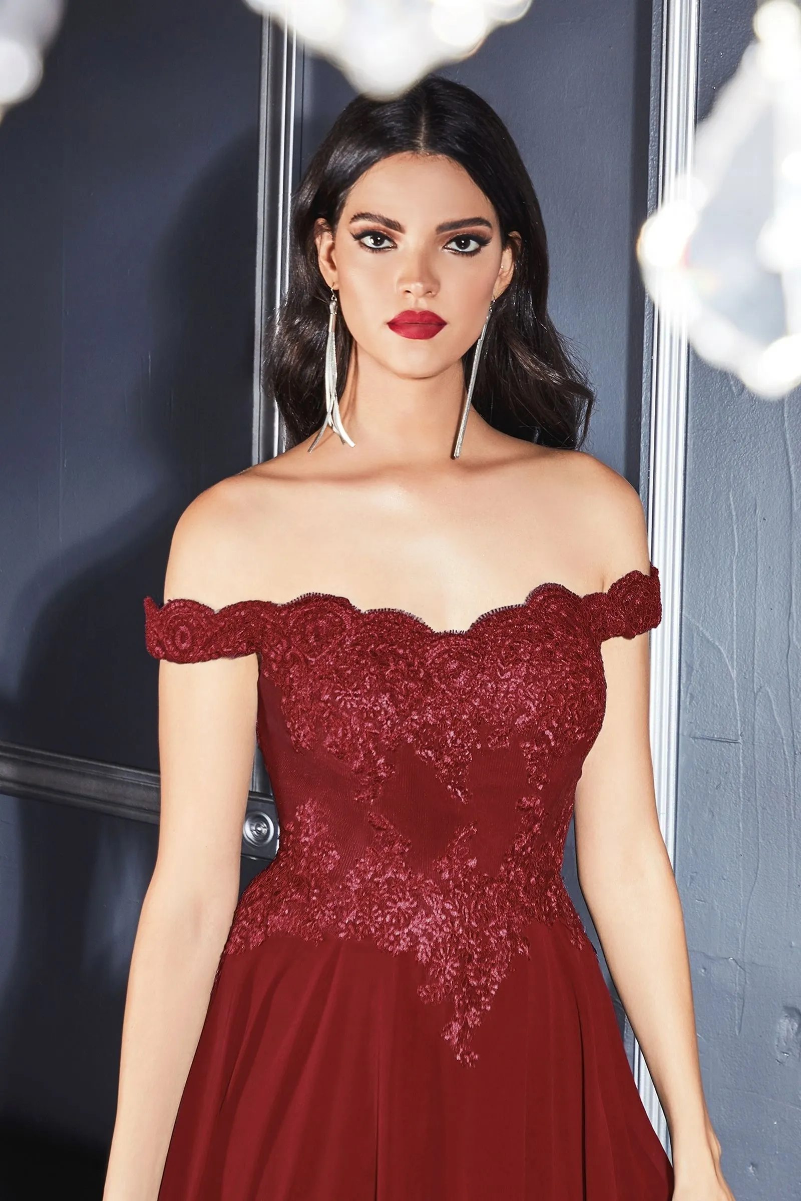 Off-shoulder lace-bodice gown with chiffon skirt & leg slit