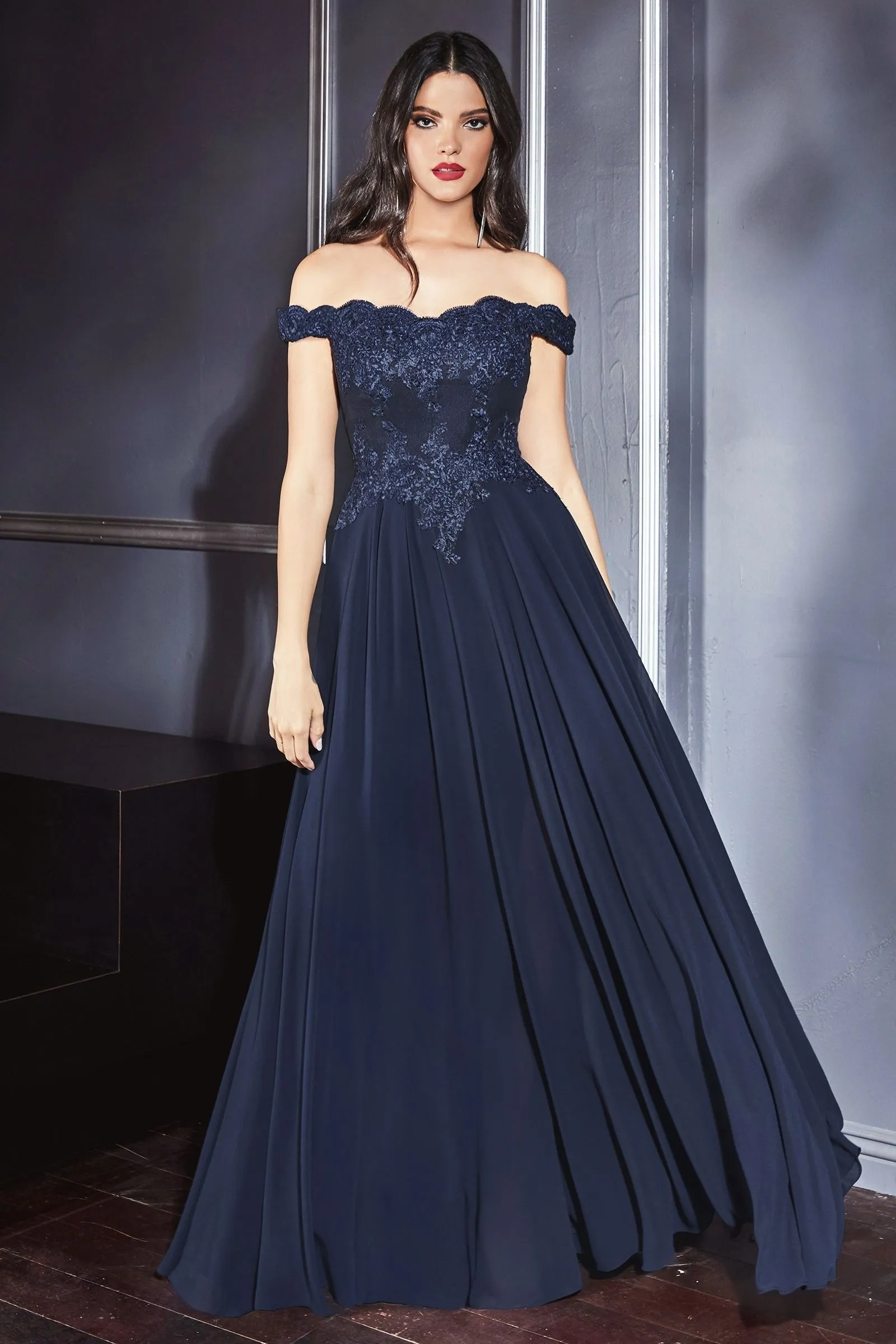 Off-shoulder lace-bodice gown with chiffon skirt & leg slit