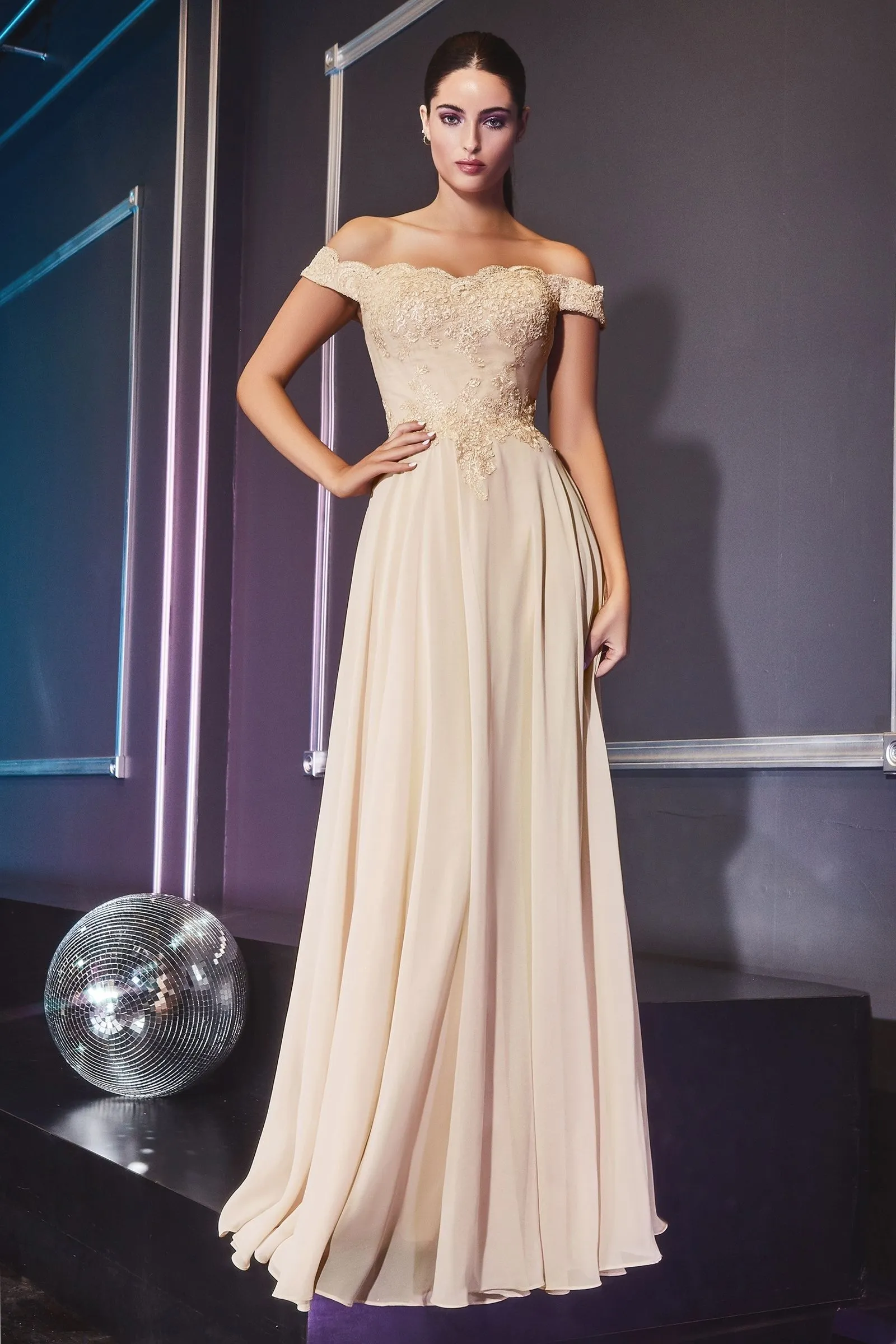 Off-shoulder lace-bodice gown with chiffon skirt & leg slit