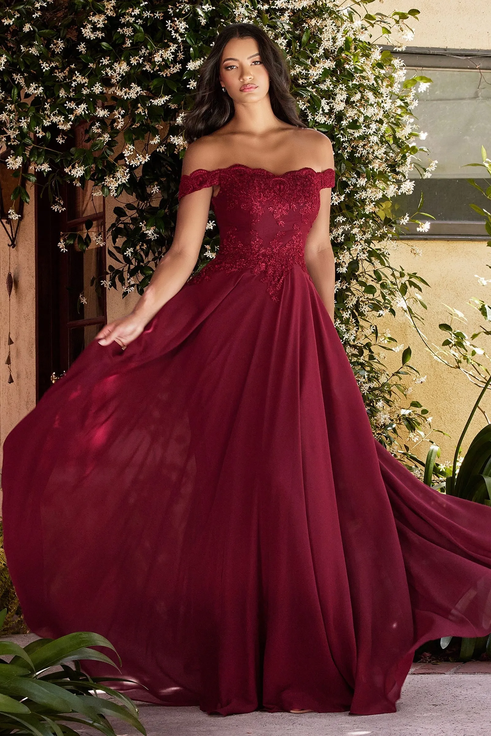 Off-shoulder lace-bodice gown with chiffon skirt & leg slit