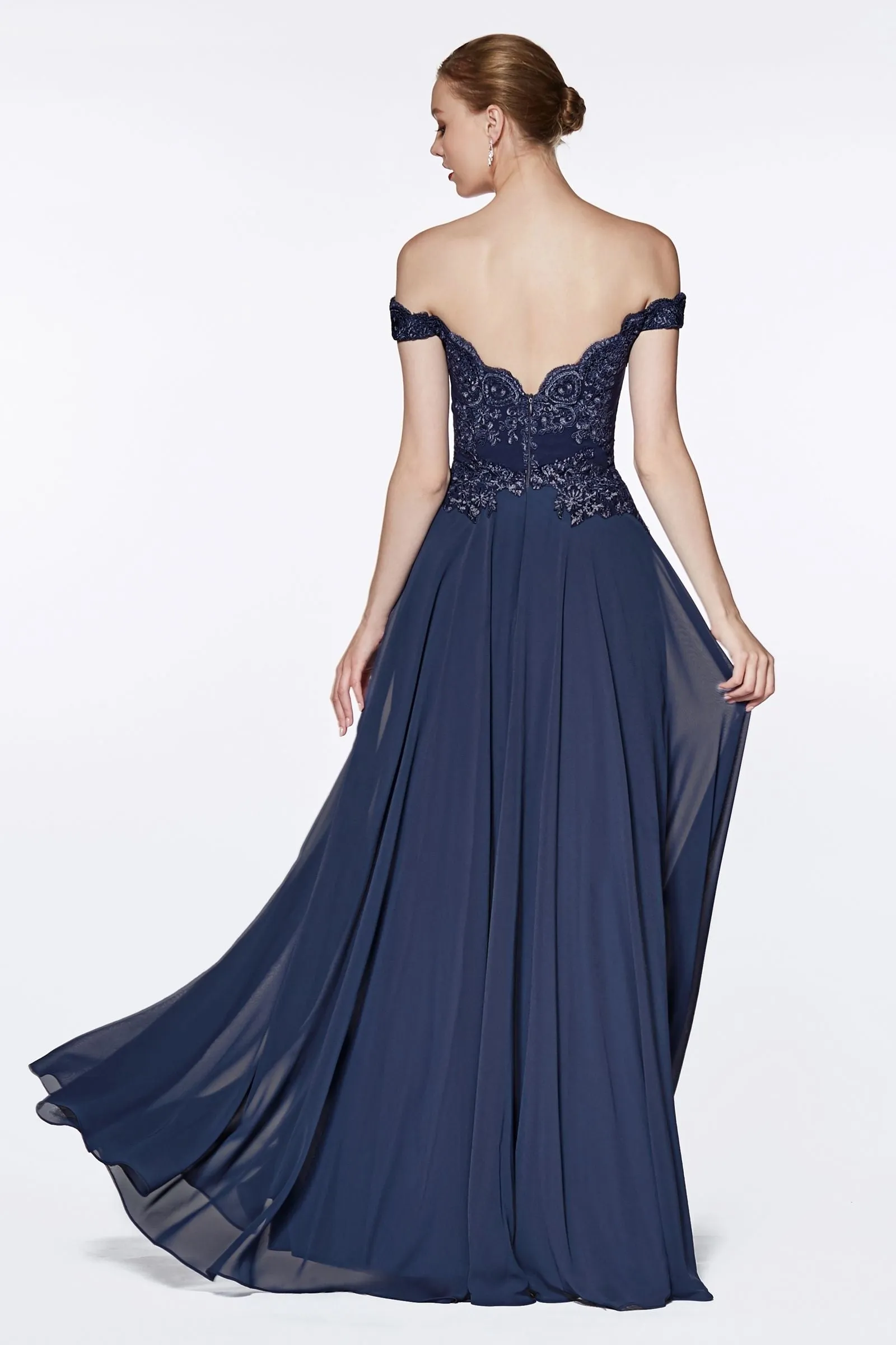Off-shoulder lace-bodice gown with chiffon skirt & leg slit