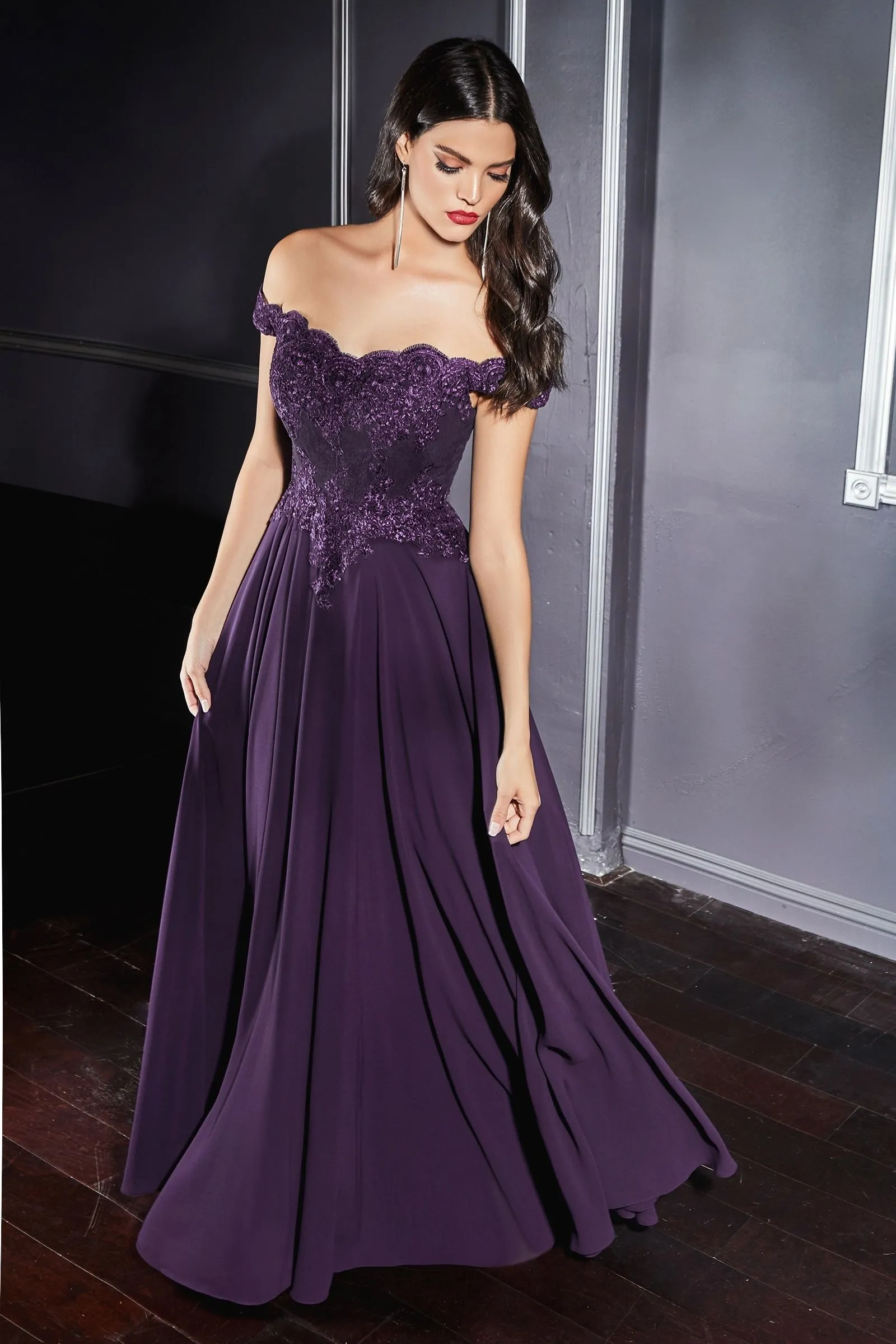 Off-shoulder lace-bodice gown with chiffon skirt & leg slit