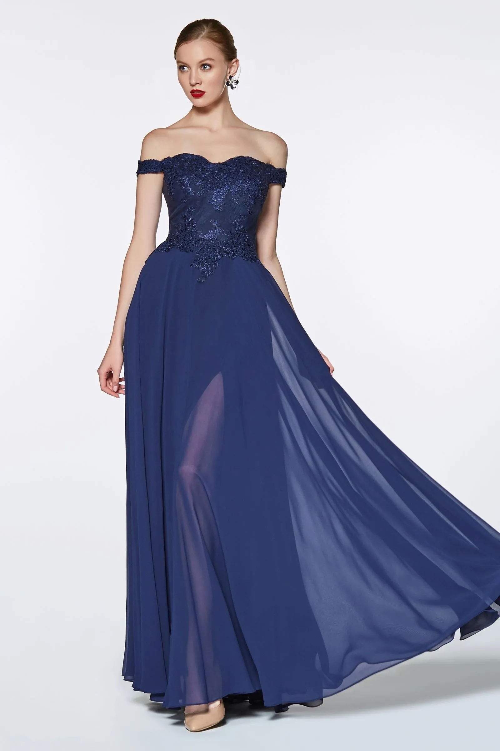 Off-shoulder lace-bodice gown with chiffon skirt & leg slit